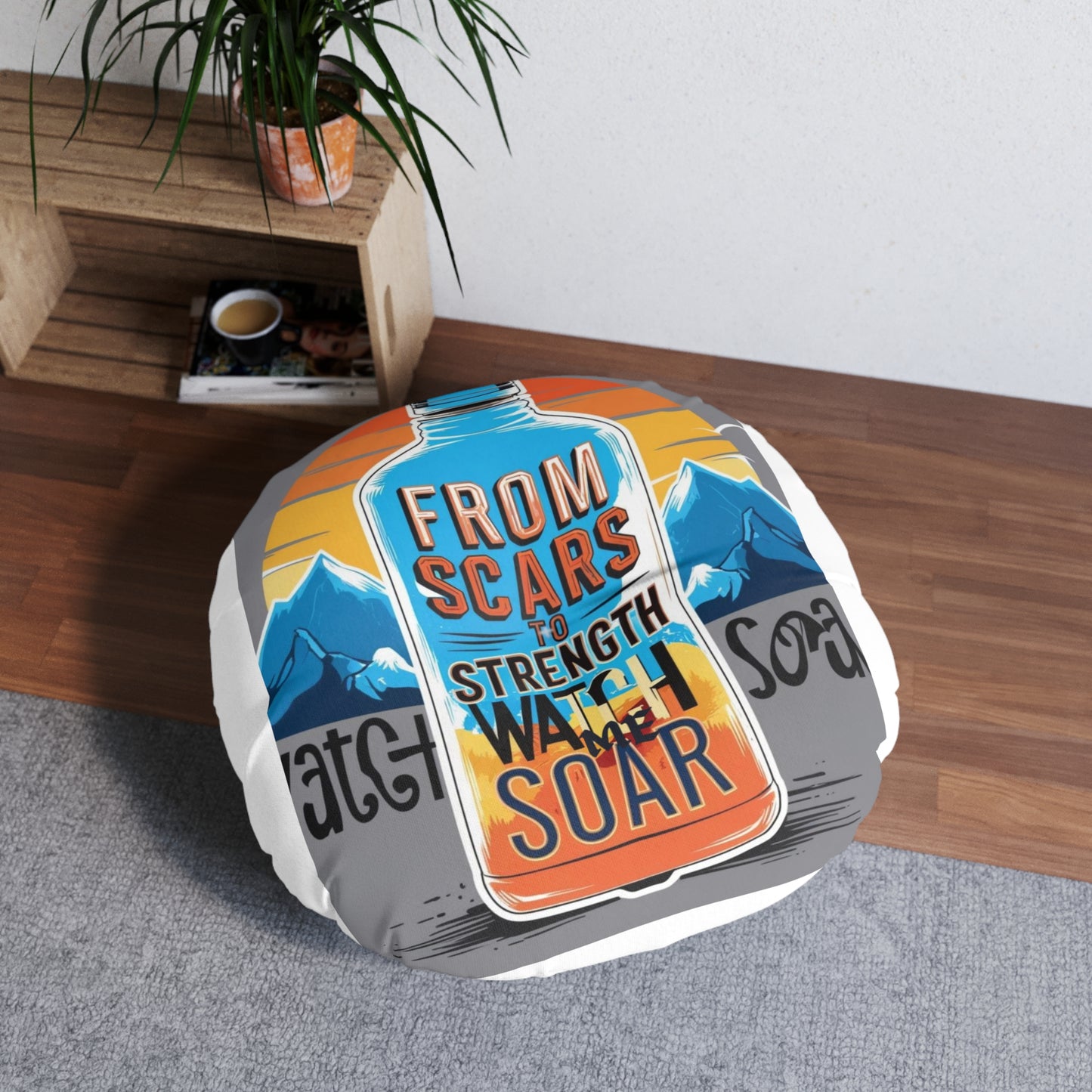 From Scars To Strenth, Watch Me Soar- Round Tufted Floor Pillow, Boho Home Decor, Cushioned Seating, Cozy Reading Nook Addition